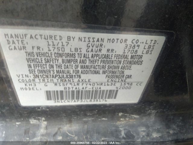 3N1CN7AP3JL838176 Nissan Versa Sedan S