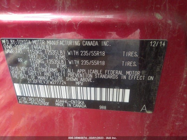 Toyota Rav4 Limited 2015 2T3DFREV3FW277724 Image 9