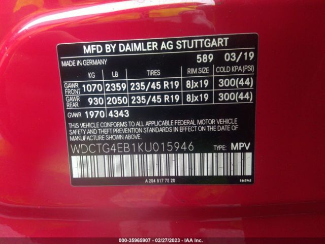 WDCTG4EB1KU015946 Mercedes-Benz Gla Gla 250