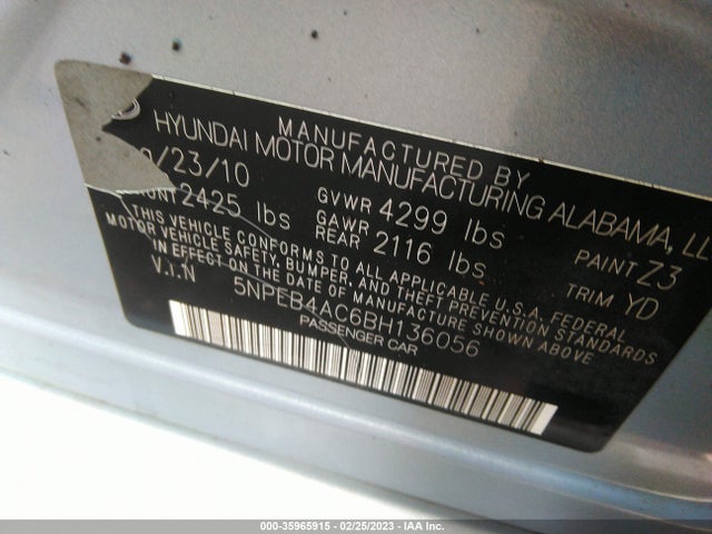 2011 HYUNDAI SONATA GLS VIN: 5NPEB4AC6BH136056