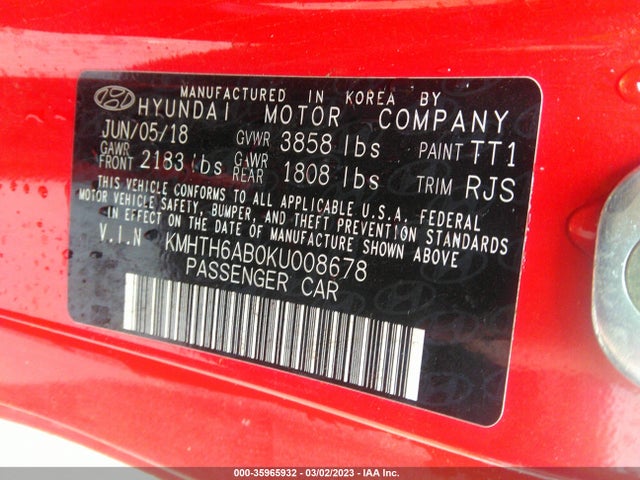 2019 Hyundai Veloster, VIN: KMHTH6AB0KU008678