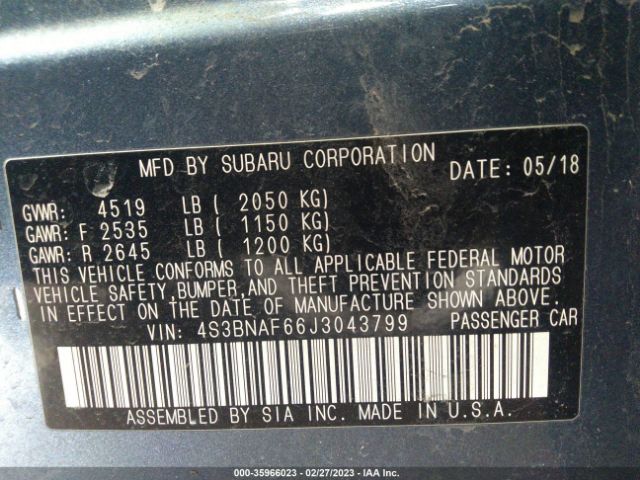 4S3BNAF66J3043799 Subaru Legacy Premium