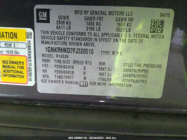 Chevrolet Traverse Lt 2015 1GNKRHKD7FJ328510 Image 10