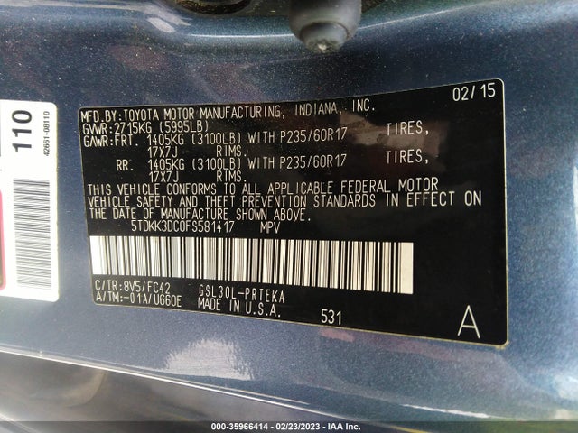 Toyota SIENNA LE 2015 5TDKK3DC0FS581417 Image 9