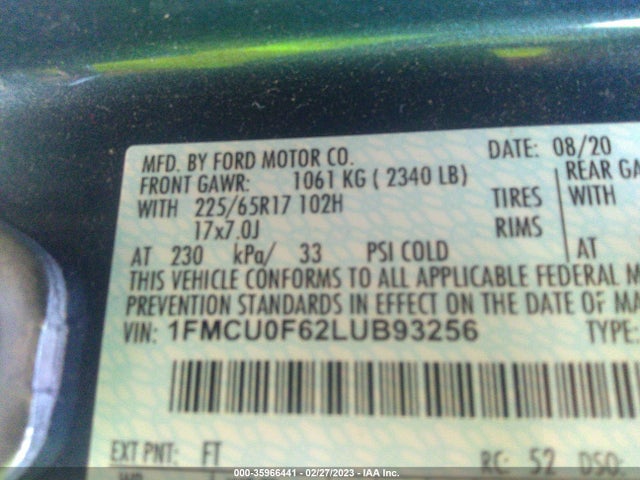 2020 FORD ESCAPE S VIN: 1FMCU0F62LUB93256