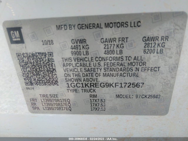2019 Chevrolet Silverado 2500, VIN: 1GC1KREG9KF172567