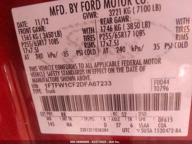 2013 FORD F150 SUPER VIN: 1FTFW1CF2DFA67233