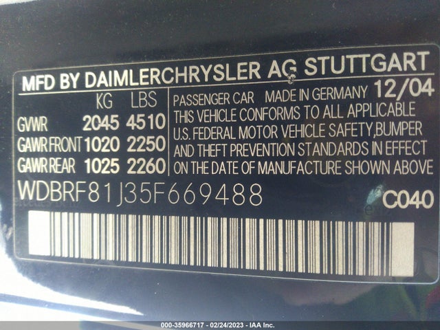 2005 MERCEDES-BENZ C-CLASS 2.6L VIN: WDBRF81J35F669488