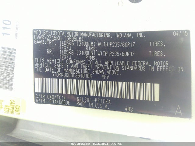 Toyota SIENNA LE 2015 5TDKK3DC0FS610186 Image 9