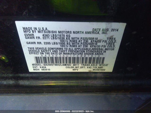 4A4AR3AU1FE007816 Mitsubishi Outlander Sport Es