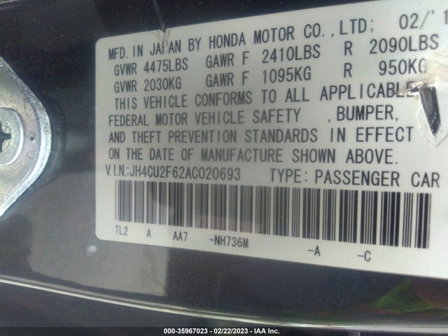 2010 ACURA TSX VIN: JH4CU2F62AC020693
