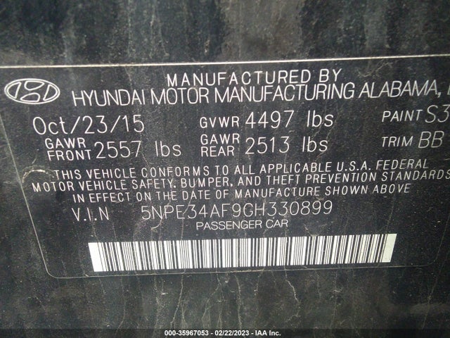 2016 HYUNDAI SONATA 2.4L SPORT VIN: 5NPE34AF9GH330899
