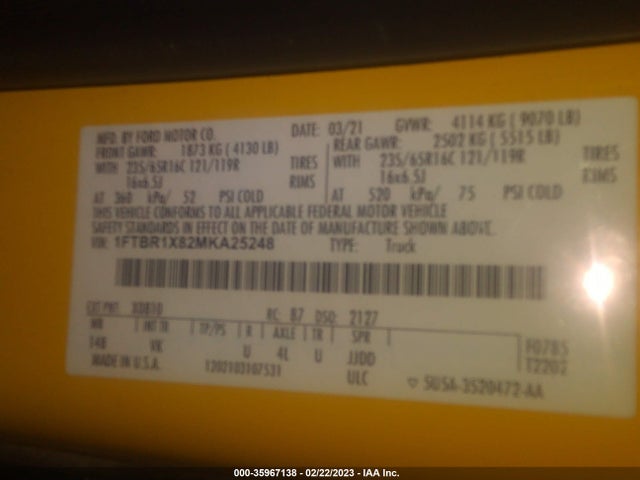 2021 Ford Transit, VIN: 1FTBR1X82MKA25248