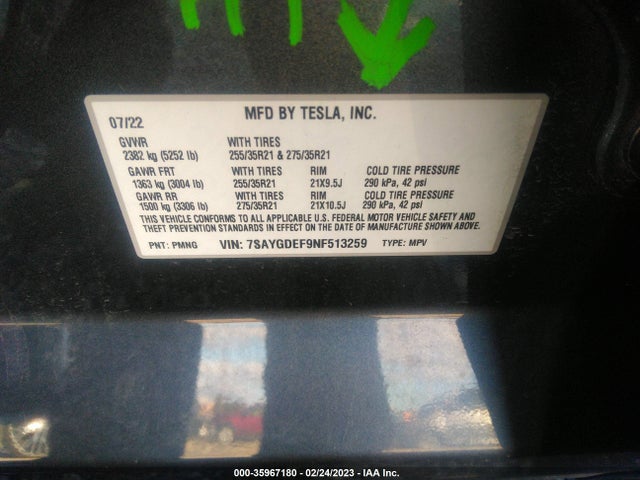 2022 Tesla Model Y, VIN: 7SAYGDEF9NF513259