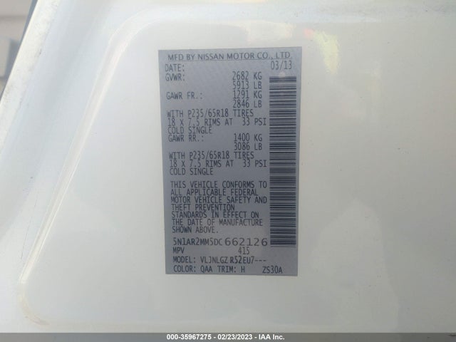 2013 NISSAN PATHFINDER SL VIN: 5N1AR2MM5DC662126
