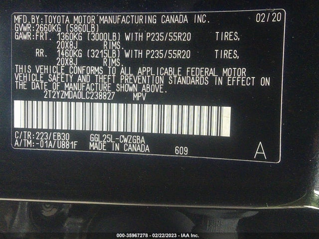 2020 Lexus RX, VIN: 2T2YZMDA0LC238827