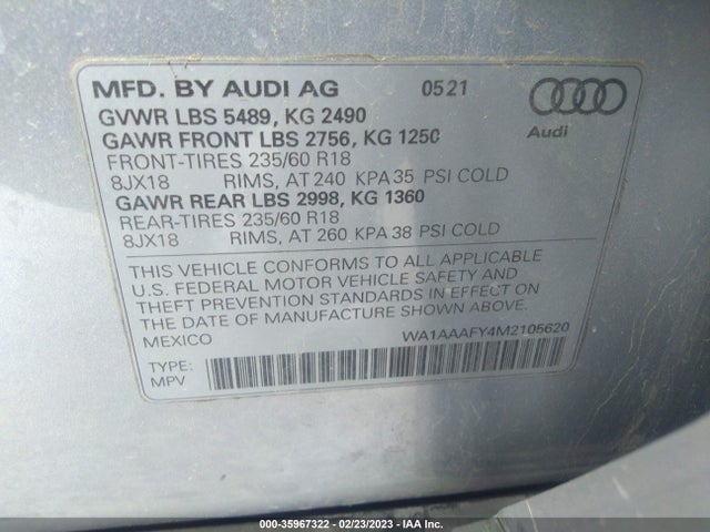 WA1AAAFY4M2105620 Audi Q5 PREMIUM