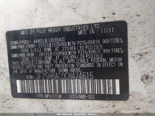 2012 SUBARU FORESTER 2.5X VIN: JF2SHBAC0CH424615