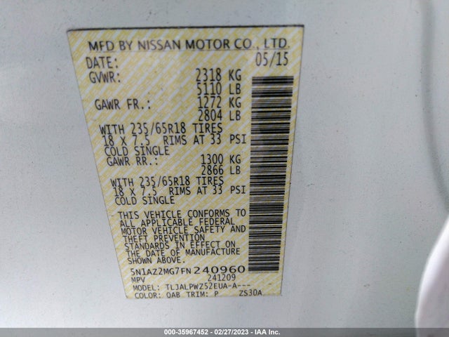 Nissan MURANO S 2015 5N1AZ2MG7FN240960 Image 9