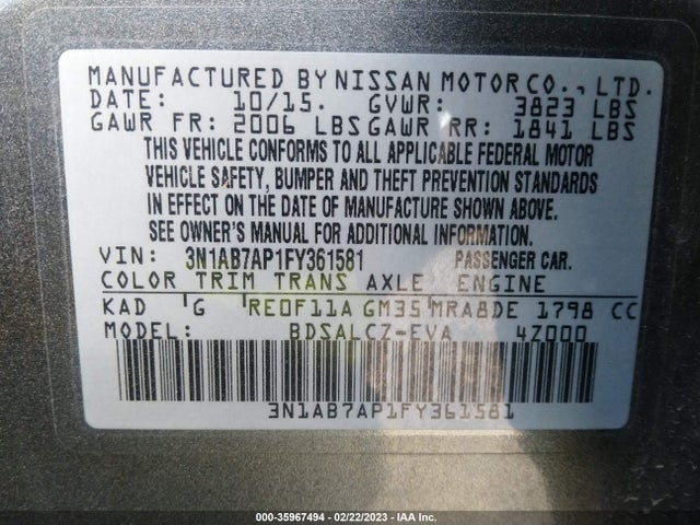 2015 Nissan Sentra, VIN: 3N1AB7AP1FY361581