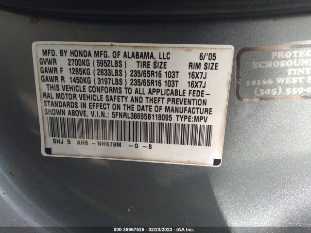 Honda Odyssey Ex-l 2005 5FNRL38695B118095 Image 9