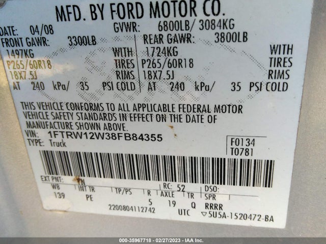 2008 FORD F-150 XL/XLT/FX2 VIN: 1FTRW12W38FB84355