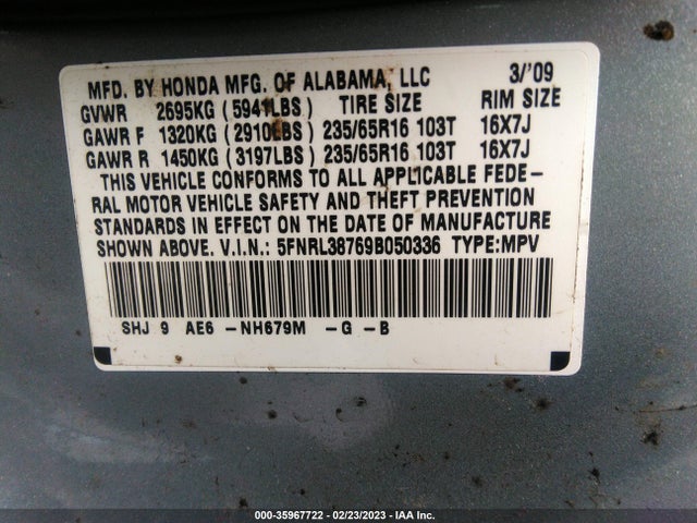 2009 HONDA ODYSSEY EX-L VIN: 5FNRL38769B050336