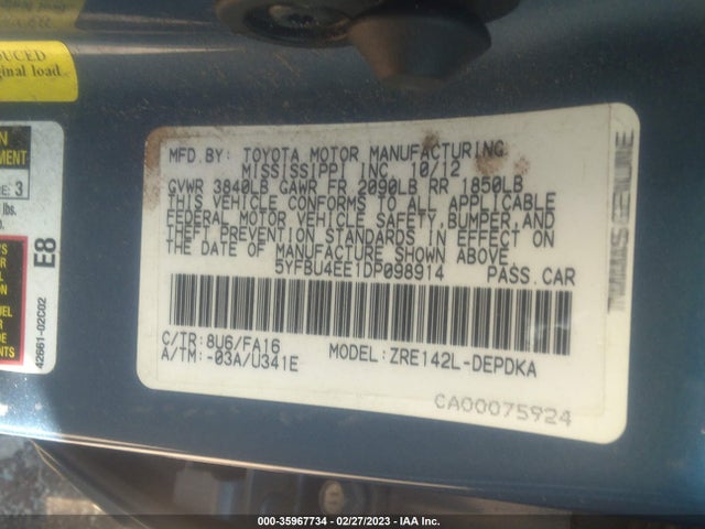 2013 TOYOTA COROLLA L/LE/S VIN: 5YFBU4EE1DP098914
