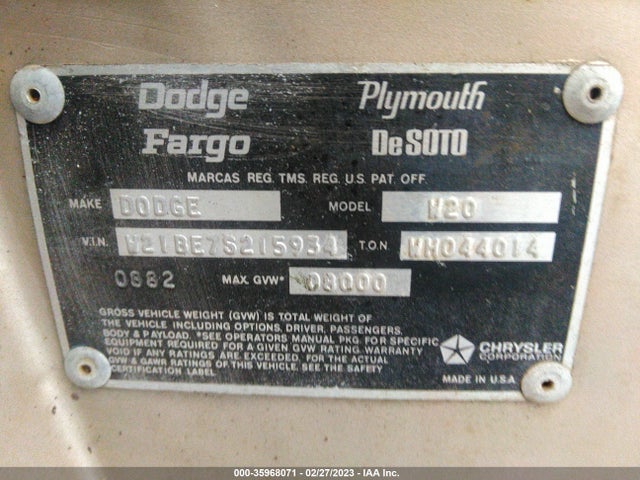1977 DODGE POWER WAGON VIN: 0000W21BE7S215934