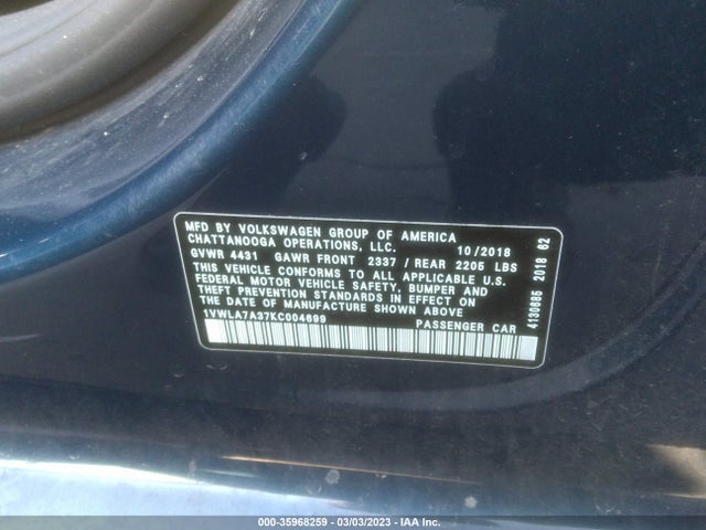 1VWLA7A37KC004699 Volkswagen Passat 2.0t Wolfsburg Edition