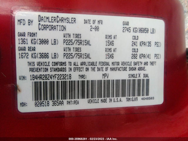 Dodge Durango 2000 1B4HR28Z4YF223218 Image 11
