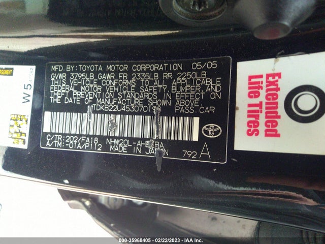 2005 TOYOTA PRIUS VIN: JTDKB22U453070198