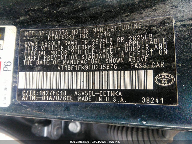 2017 TOYOTA CAMRY XLE/SE/LE/XSE VIN: 4T1BF1FK9HU335876