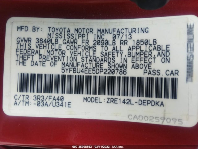 2013 TOYOTA COROLLA L/LE/S VIN: 5YFBU4EE5DP220786
