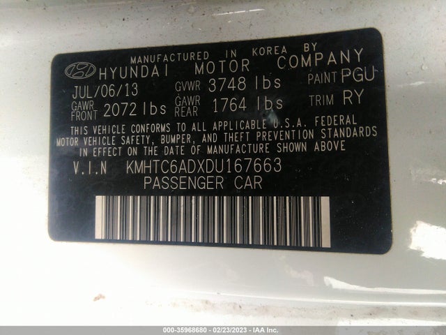 2013 HYUNDAI VELOSTER W/GRAY INT VIN: KMHTC6ADXDU167663