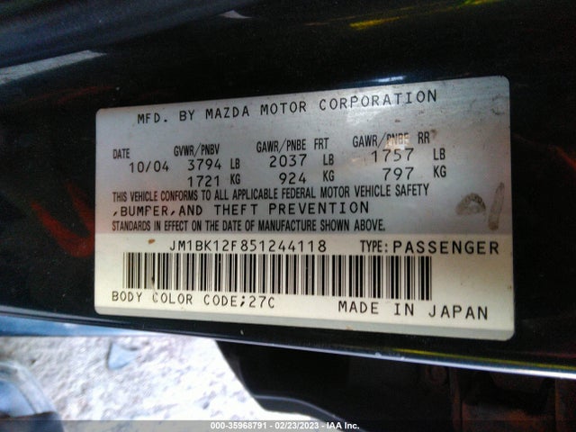 2005 MAZDA MAZDA3 I VIN: JM1BK12F851244118