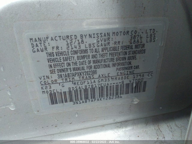 35968832 :رقم المزاد ، 3N1AB7APXKY282386 vin ، 2019 Nissan Sentra S مزاد بيع