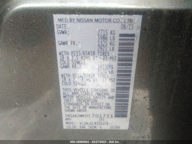 5N1AR2MM3FC701721 Nissan Pathfinder Sl