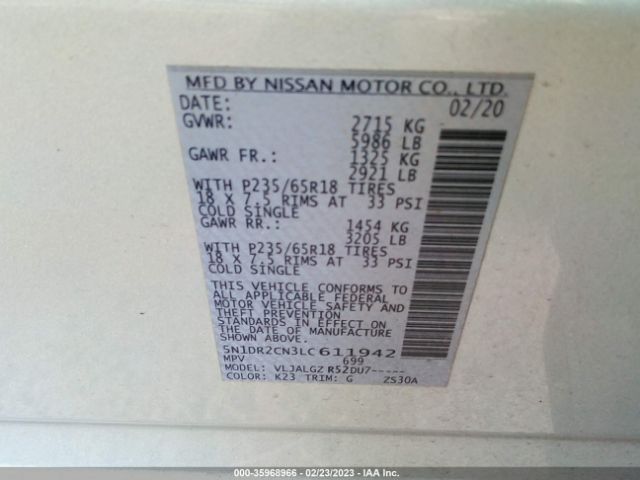 5N1DR2CN3LC611942 Nissan Pathfinder Sl