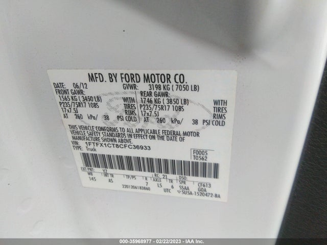 2012 FORD F-150 XL/XLT/FX2/LARIAT VIN: 1FTFX1CT8CFC36933