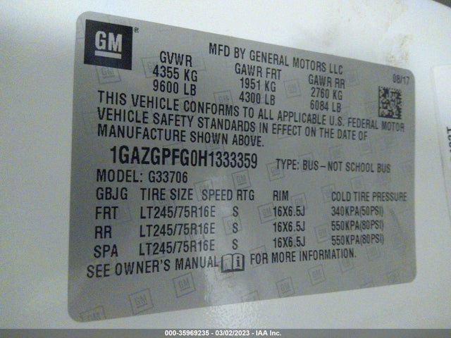 Chevrolet Express Passenger Lt 2017 1GAZGPFG0H1333359 Image 9