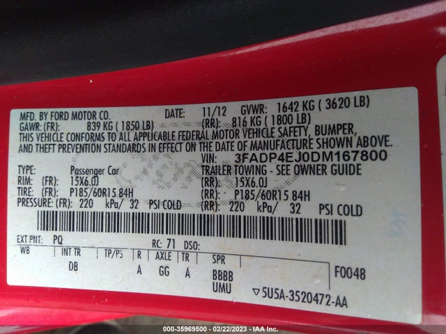 2013 FORD FIESTA SE VIN: 3FADP4EJ0DM167800
