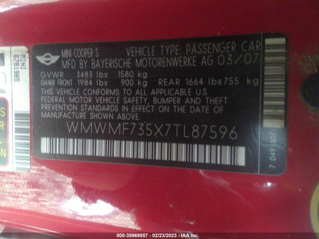 WMWMF735X7TL87596 Mini Cooper Hardtop S