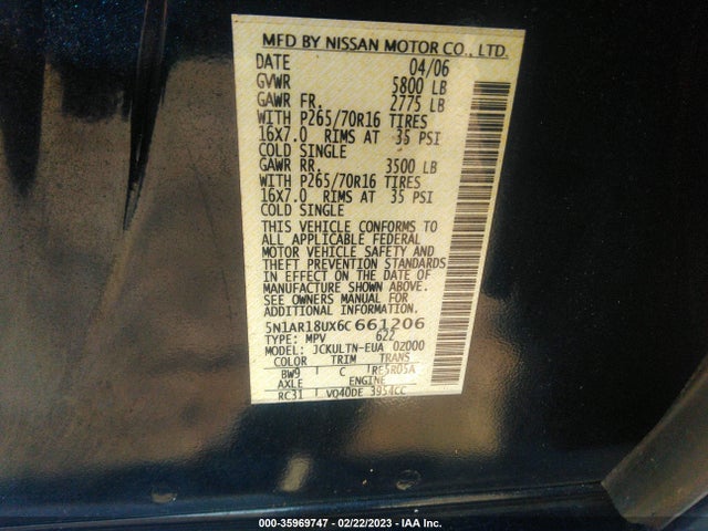 2006 NISSAN PATHFINDER SE VIN: 5N1AR18UX6C661206