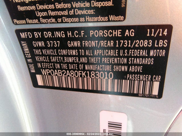 WP0AB2A80FK183010 Porsche Cayman S/gts