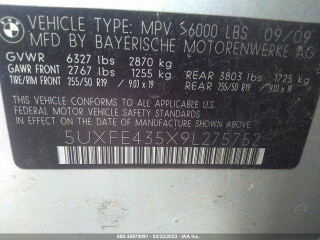 2009 BMW X5 30I VIN: 5UXFE435X9L275752