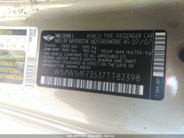 WMWMF73537TT82398 Mini Cooper Hardtop S