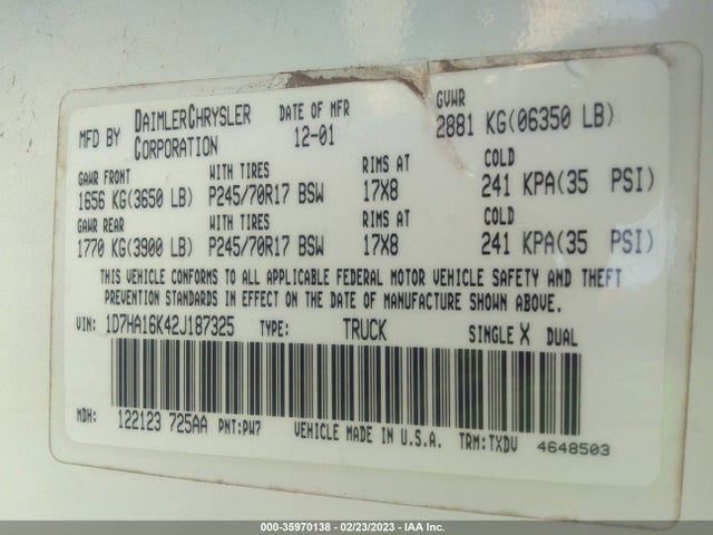 Dodge RAM 1500 2002 1D7HA16K42J187325 Image 9
