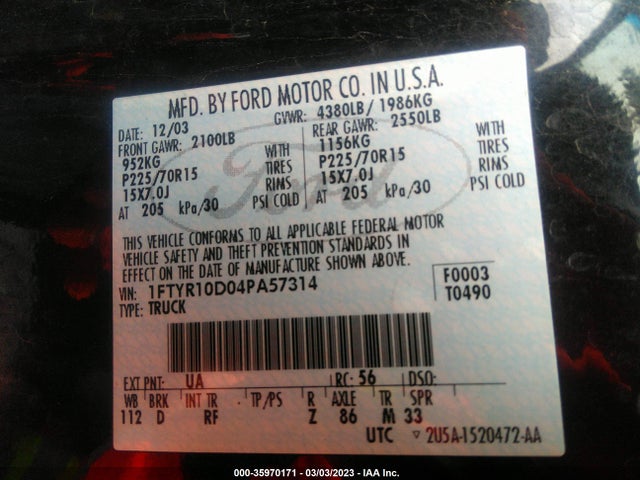2004 FORD RANGER XL/XL FLEET/XLT VIN: 1FTYR10D04PA57314