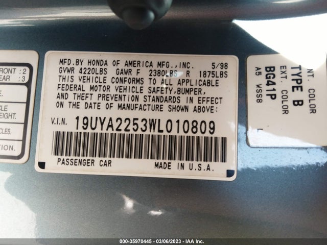 1998 ACURA CL PREMIUM VIN: 19UYA2253WL010809